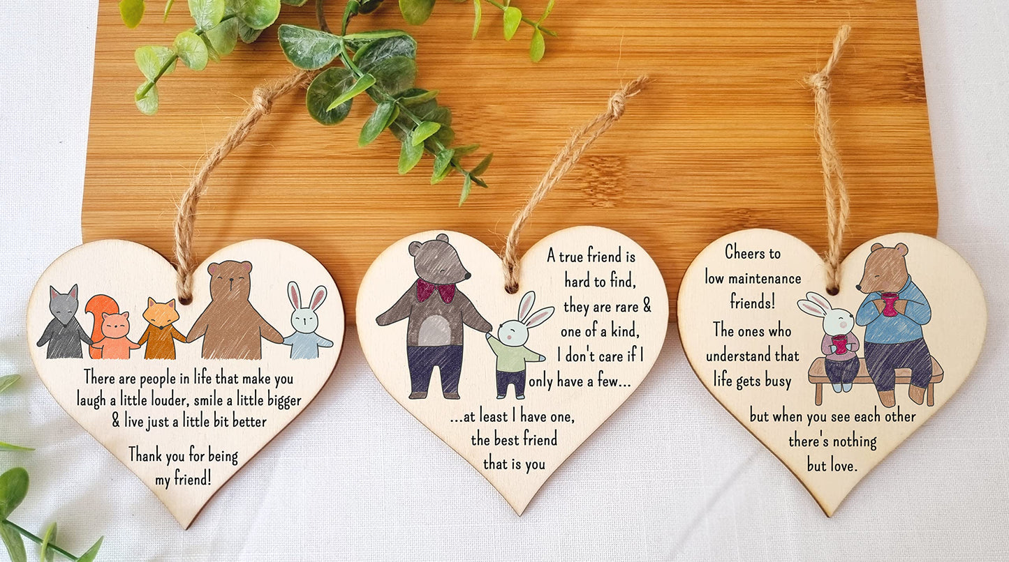 The Plum Penguin Set of 3 Hanging Decorations Wooden Hearts Friendship Gifts or BFF Besties | Laugh Louder | Low Maintenance Friends | One of a Kind