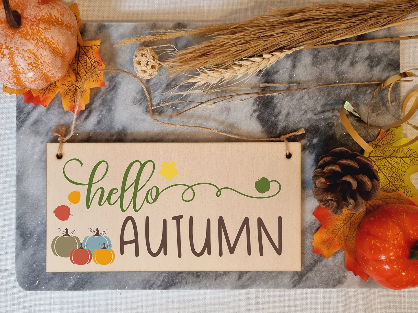 hello Autumn Seasonal Falling Leaves Decorative Pumpkin Sign Handmade Wooden Hanging Wall Plaque Gift Hallway Home Décor