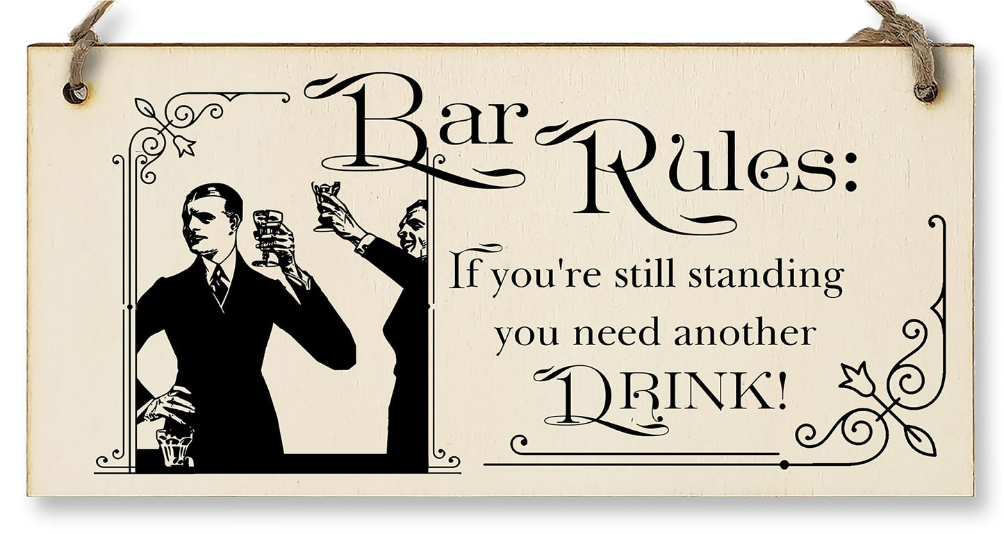 The Plum Penguin Handmade Wooden Hanging Wall Plaque Bar Rules Still Standing Need a Drink Funny Novelty Sign Home Bar