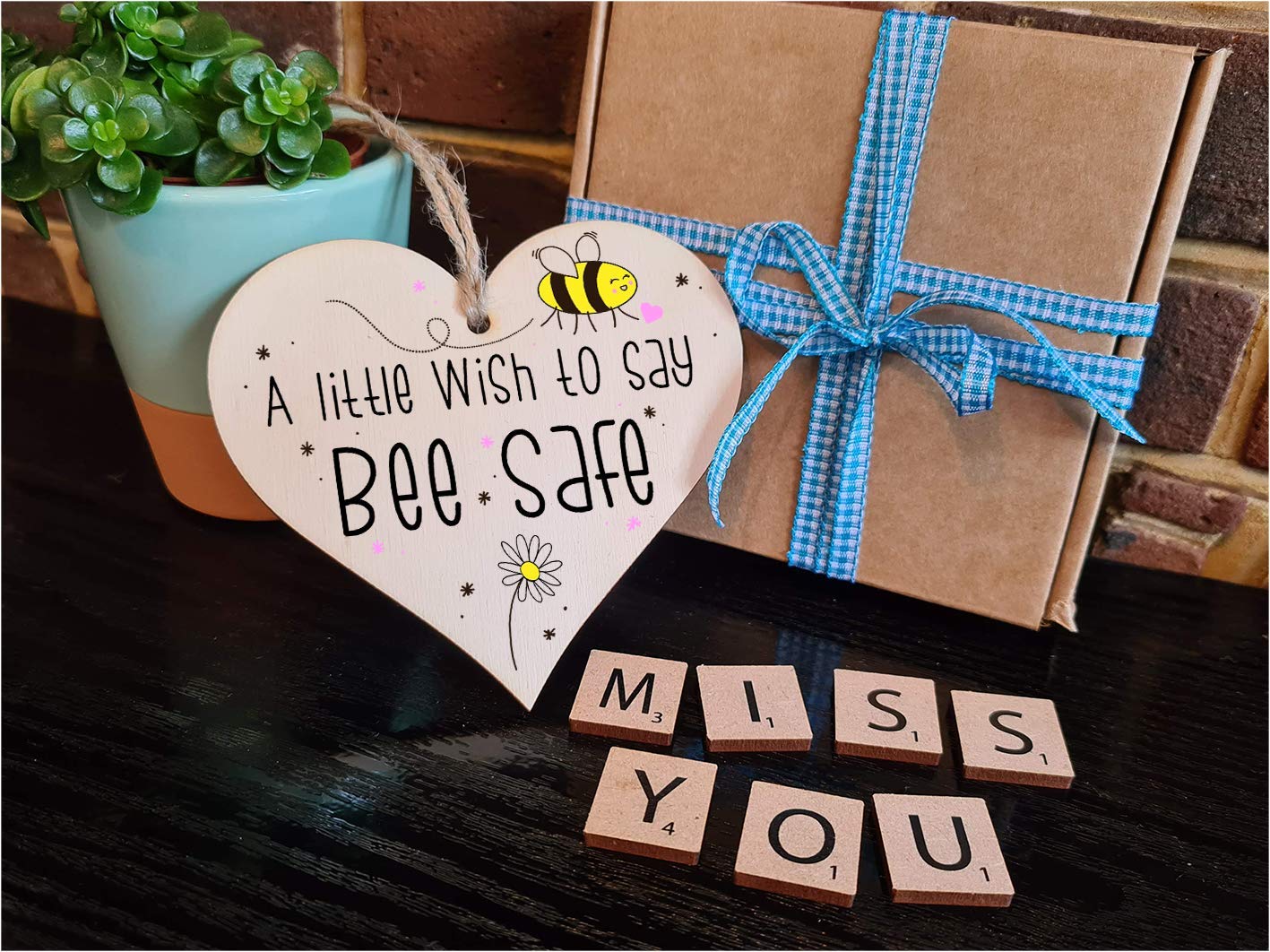 The Plum Penguin Handmade Wooden Hanging Heart Plaque Gift a little wish to say Bee Safe novelty window wall hanger gift friends family stay safe word play bumble bee saying