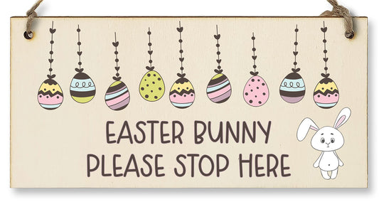 The Plum Penguin Handmade Wooden Hanging Wall Plaque Easter Bunny Please Stop Here Cute Fun Easter Sign Garden Kitchen Decoration