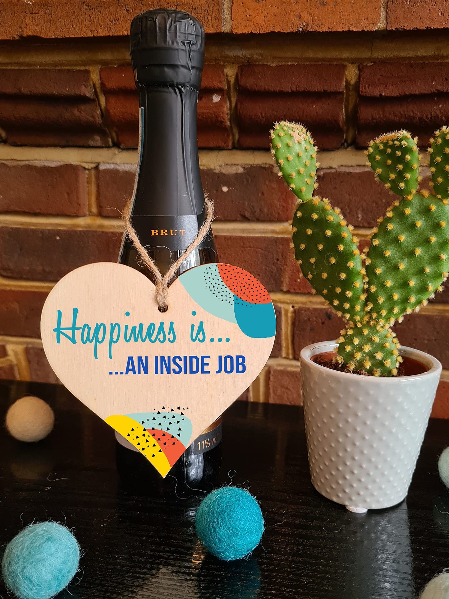 The Plum Penguin Handmade Wooden Hanging Heart Plaque Gift Happiness is an Inside Job Inspirational Wall Hanger Card Alternative Friendship Family