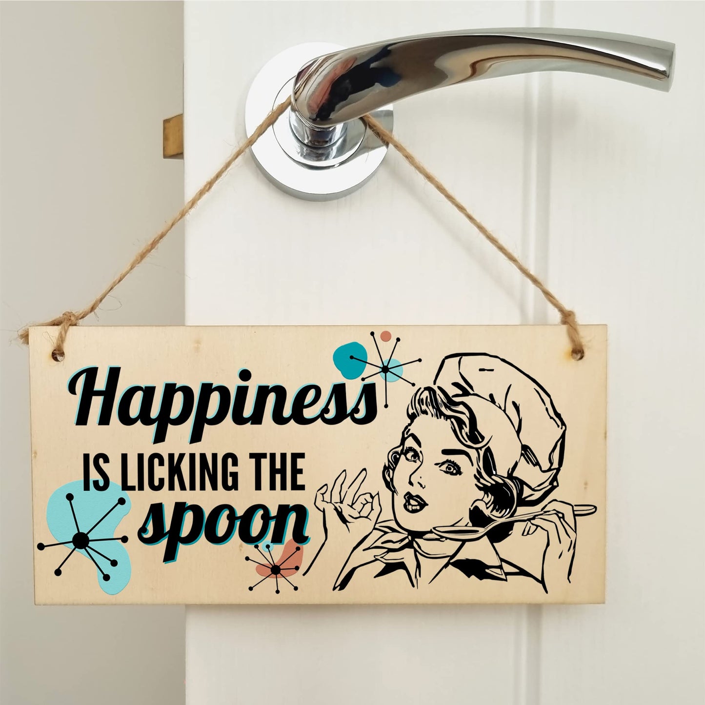 Happiness is licking the spoon Funny Novelty Handmade Wooden Plaque Kitchen Baking Hanging Sign Retro Style Home Décor