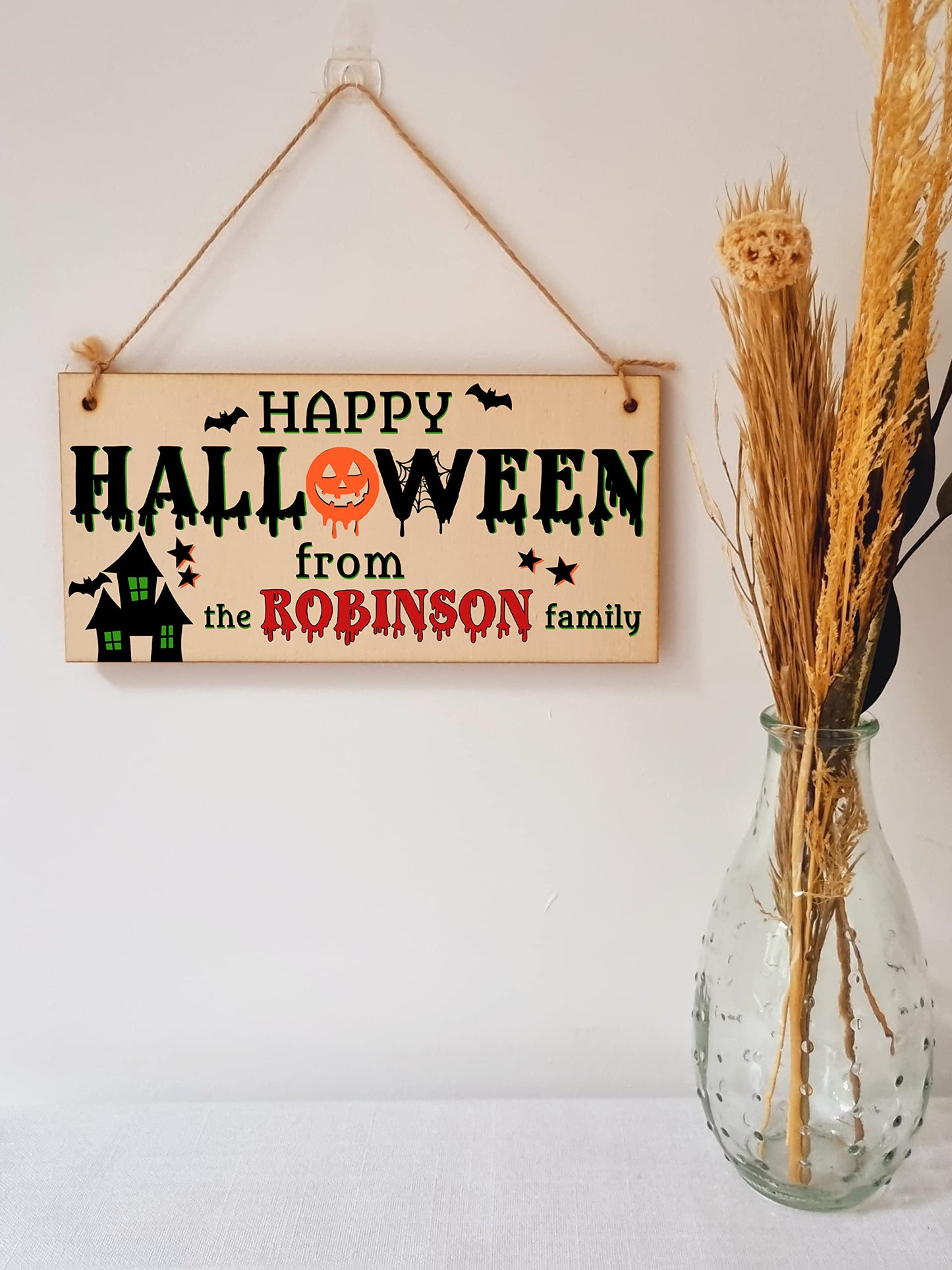 The Family Personalised Happy Halloween Sign Haunted House Handmade Wooden Hanging Wall Plaque Gift Hallway Home Décor