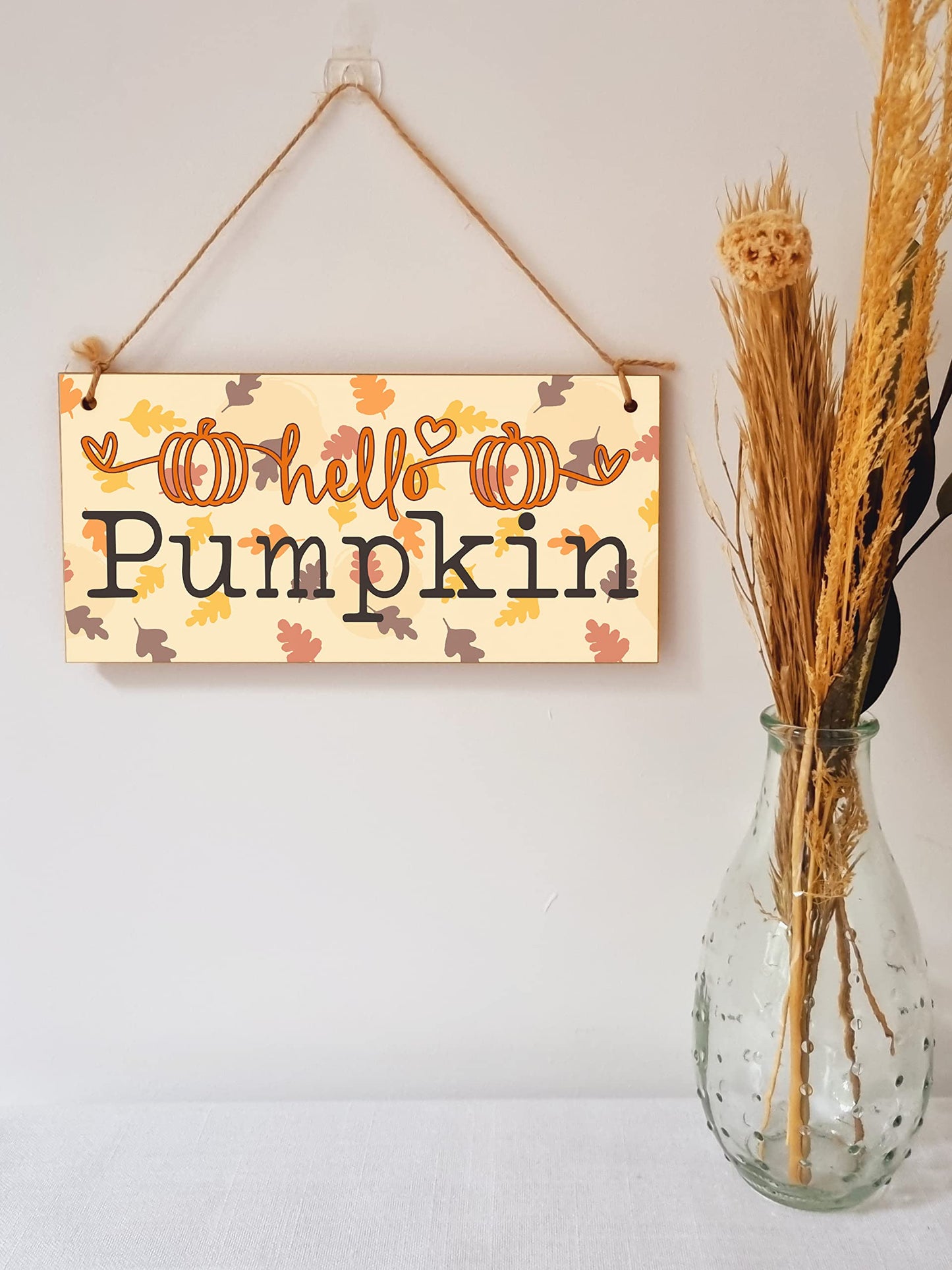 hello Pumpkin Seasonal Falling Leaves Decorative Cute Sign Handmade Wooden Hanging Wall Plaque Gift Hallway Home Décor