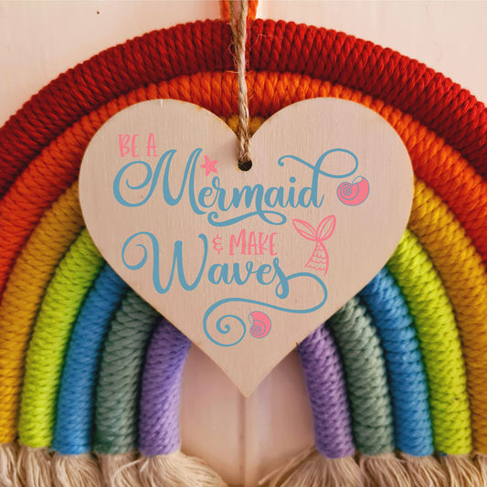 The Plum Penguin Be a Mermaid Make Waves Inspirational Hanging Heart Wooden Decoration Gift Card Alternative Motivate Friends Girls