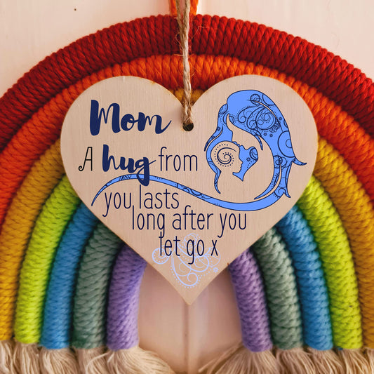 The Plum Penguin Handmade Wooden Hanging Heart Plaque perfect for Mom loving thoughtful special keepsake A hug from you lasts long after you let go card alternative from kids wall hanger