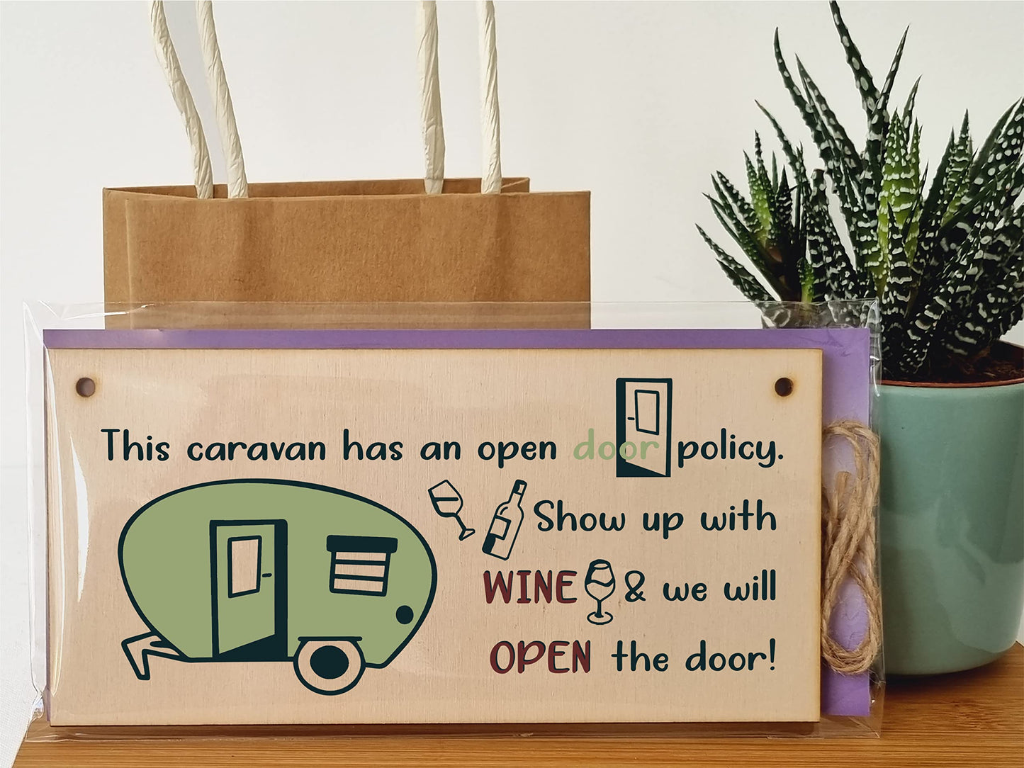 The Plum Penguin Handmade Wooden Hanging Wall Plaque Caravn Open Door Policy Bring Wine Funny Friendship Sign for Caravan Camper