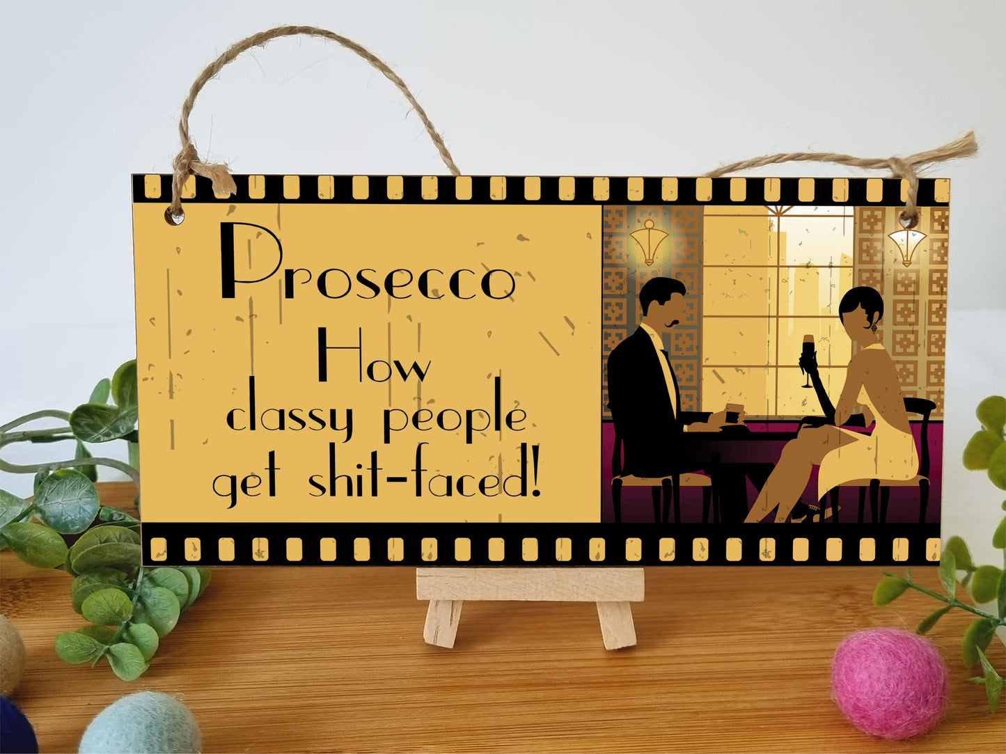 The Plum Penguin Handmade Wooden Hanging Wall Plaque Prosecco How Classy People Get Drunk Pun Novelty Sign for Home Bar Kitchen