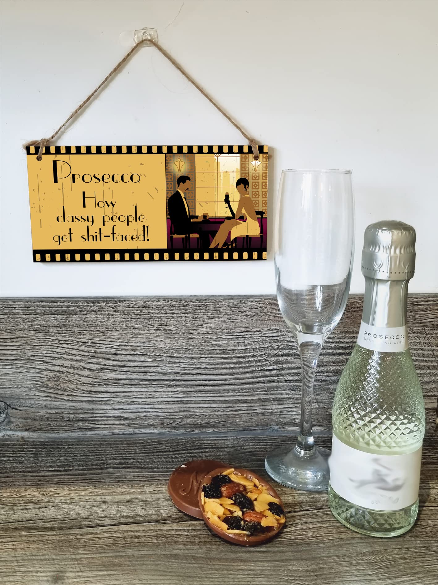The Plum Penguin Handmade Wooden Hanging Wall Plaque Prosecco How Classy People Get Drunk Pun Novelty Sign for Home Bar Kitchen