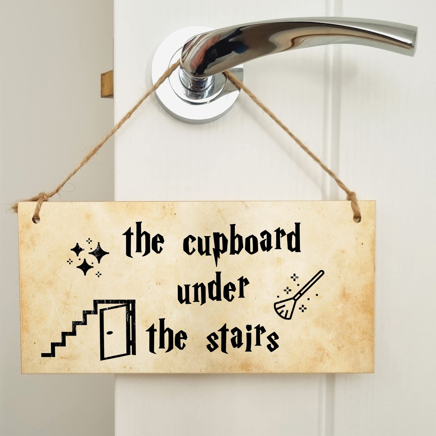 Handmade Wooden Hanging Wall Plaque the cupboard under the stairs Fun Sign Wizards Fantasy Story
