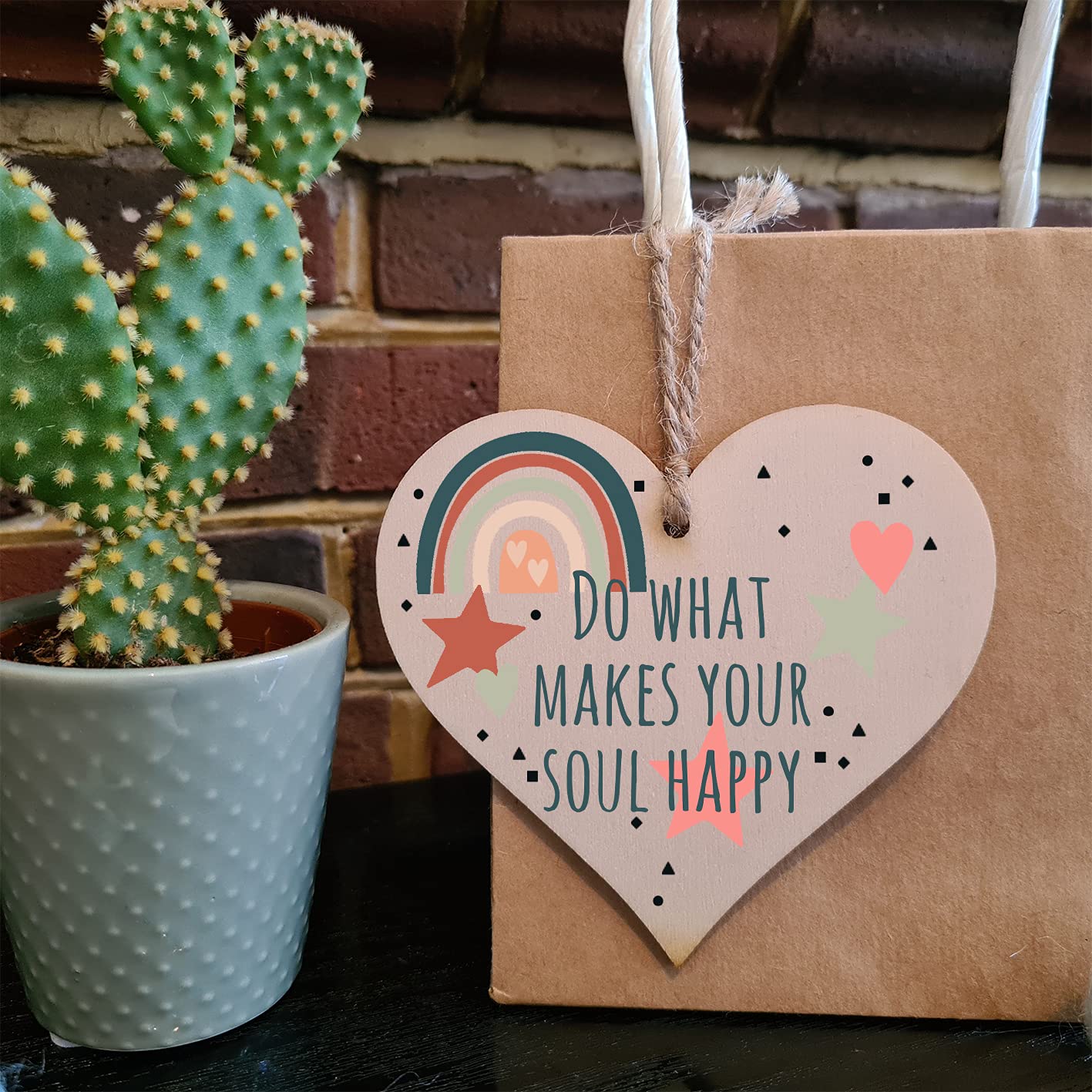 The Plum Penguin Handmade Wooden Hanging Heart Plaque Gift Make Your Soul Happy Inspirational Wall hanger Motivational Friendship Card Alternative