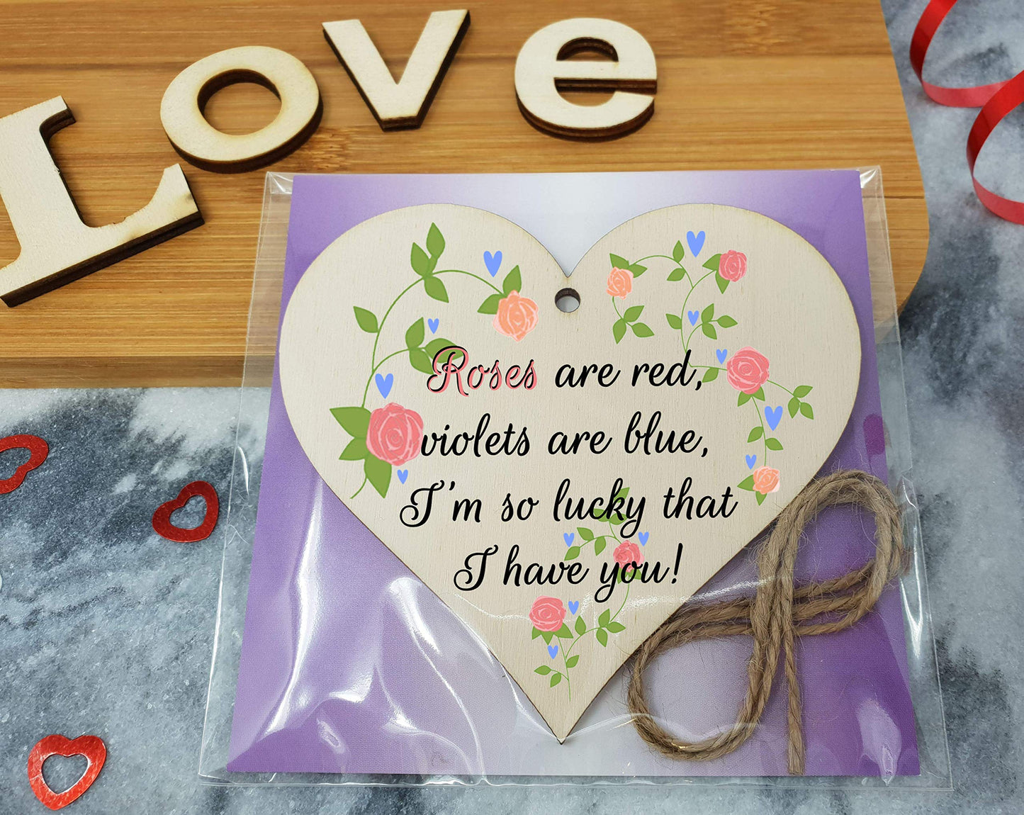 Handmade Wooden Hanging Heart Plaque Valentine's Gift Roses are red I'm lucky I have you sweet floral design gift for someone special boyfriend girlfriend husband wife cute romantic keepsake