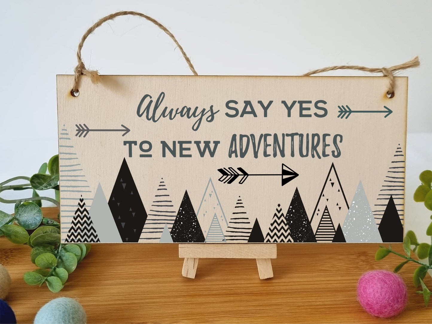 The Plum Penguin Handmade Wooden Hanging Wall Plaque Always Say Yes to New Adventures Motivational Inspirational Decorative Sign Minimalist Design