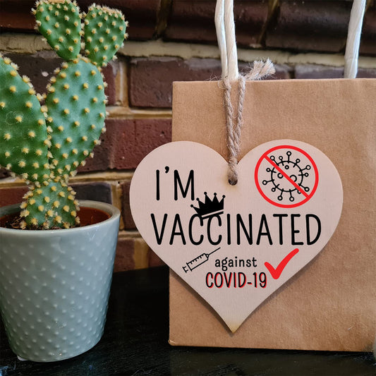 The Plum Penguin Handmade Wooden Hanging Heart Plaque Gift I'm vaccinated against COVID-19 Vaccine Celebration Gift Car Mirror Hanger Badge Alternative