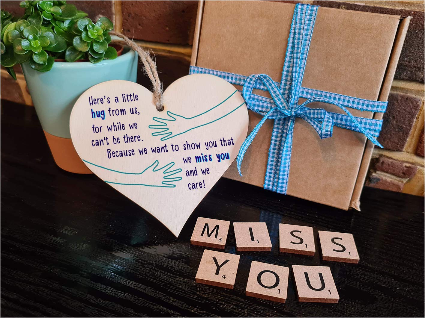 The Plum Penguin Handmade Wooden Hanging Heart Plaque Gift a little hug from us to show you we care miss you long distance wall hanger cute rainbow design for family friends grandparents