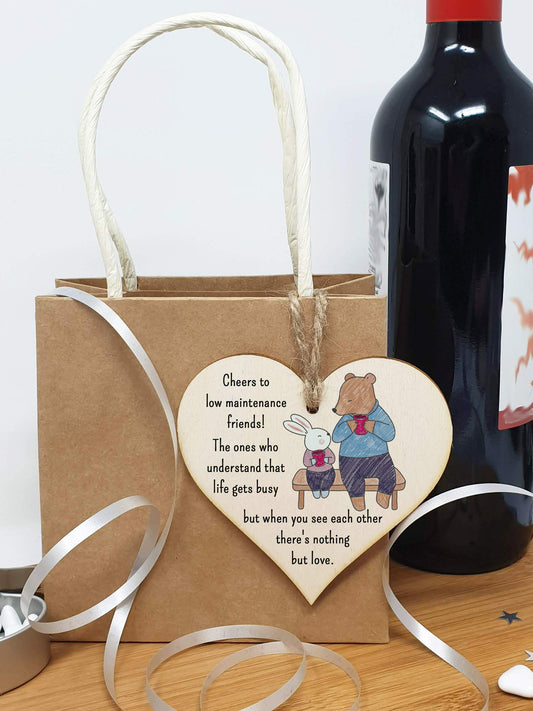 The Plum Penguin Handmade Wooden Hanging Heart Plaque Gift Cheers to low maintenance friends long distance friendship miss you cute wall hanger hand drawn design