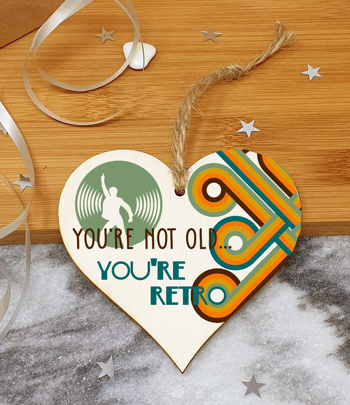 The Plum Penguin Handmade Wooden Hanging Heart Plaque Gift Not Old Retro 70s Funny Birthday Card Alternative Wall Hanger Bottle Decoration