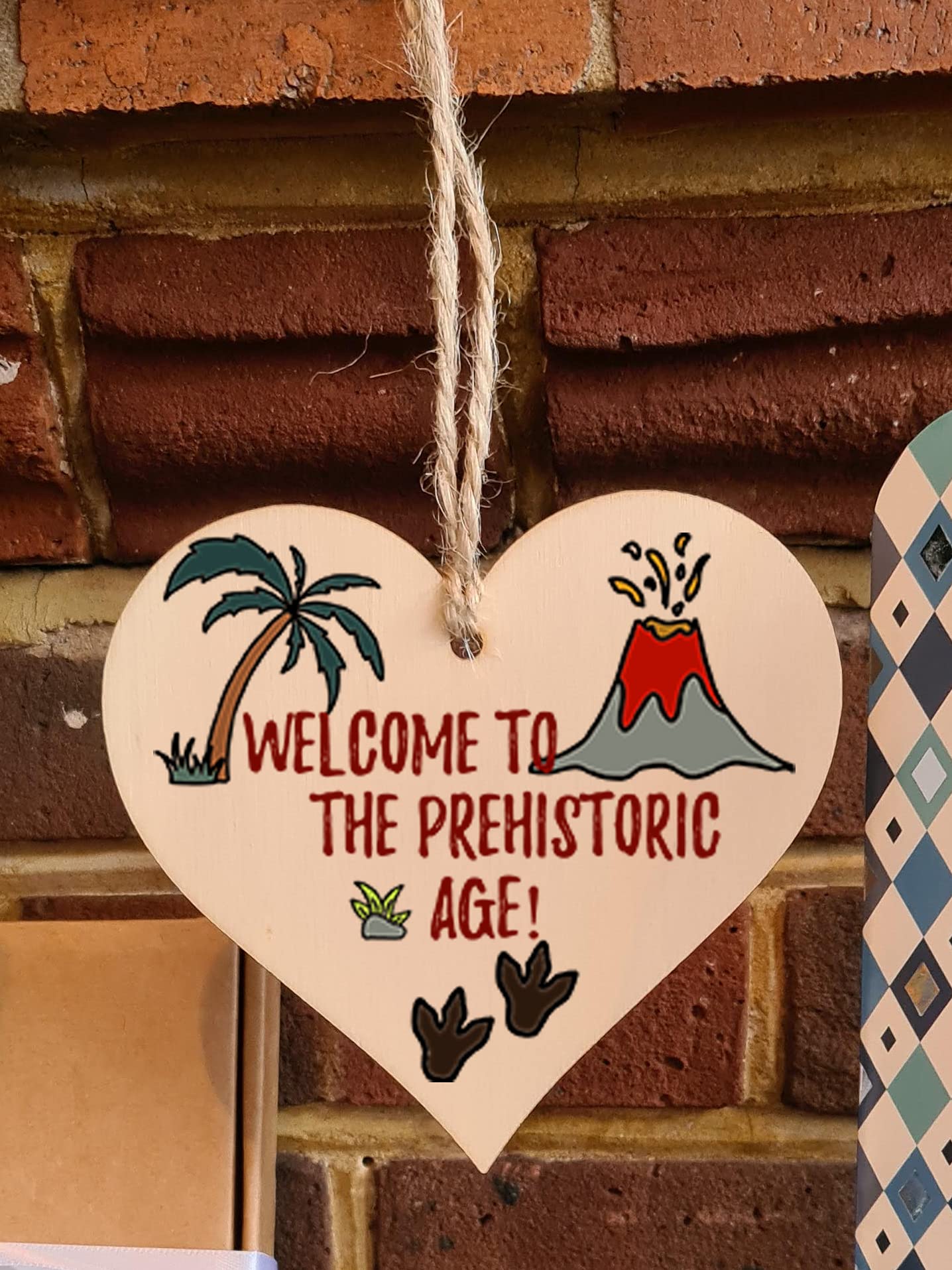 The Plum Penguin Handmade Wooden Hanging Heart Plaque Gift Welcome Prehistoric Age Funny Birthday Card Alternative Old Over Forty Wall Hanger