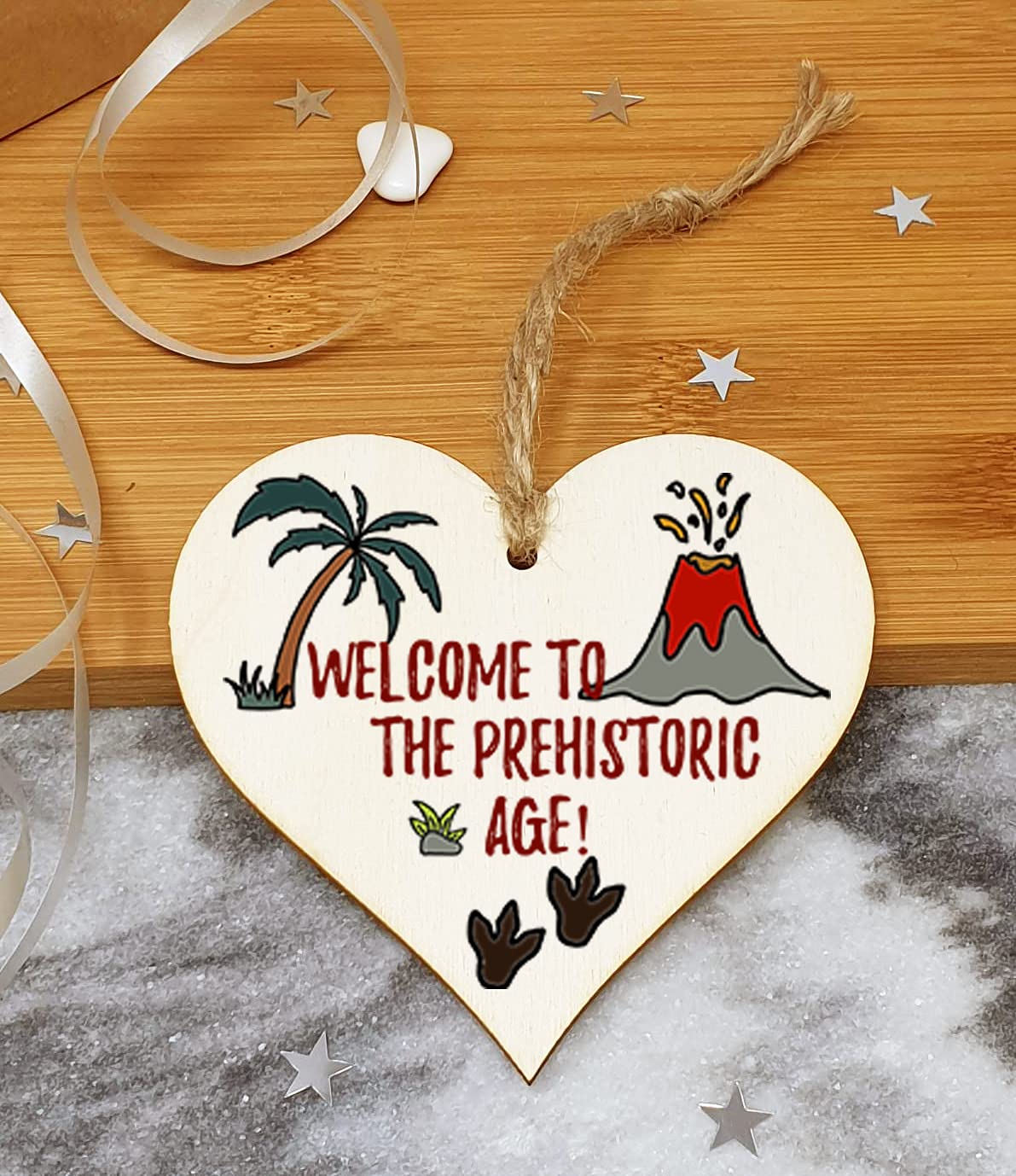The Plum Penguin Handmade Wooden Hanging Heart Plaque Gift Welcome Prehistoric Age Funny Birthday Card Alternative Old Over Forty Wall Hanger