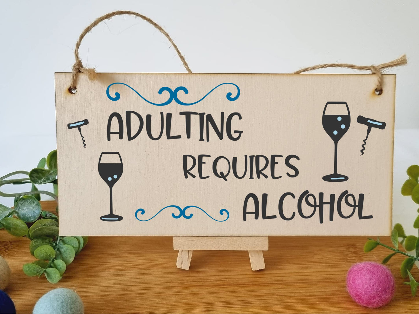 The Plum Penguin Handmade Wooden Hanging Wall Plaque Adulting Requires Alcohol Funny Novelty Sign Home Bar Friendship Gift
