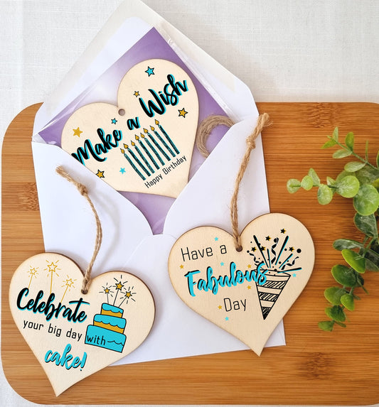 Set of 3 Hanging Decorations Wooden Hearts Happy Birthday Card Alternative | Celebrate in Style | Make a Wish | Have a Fabulous Day