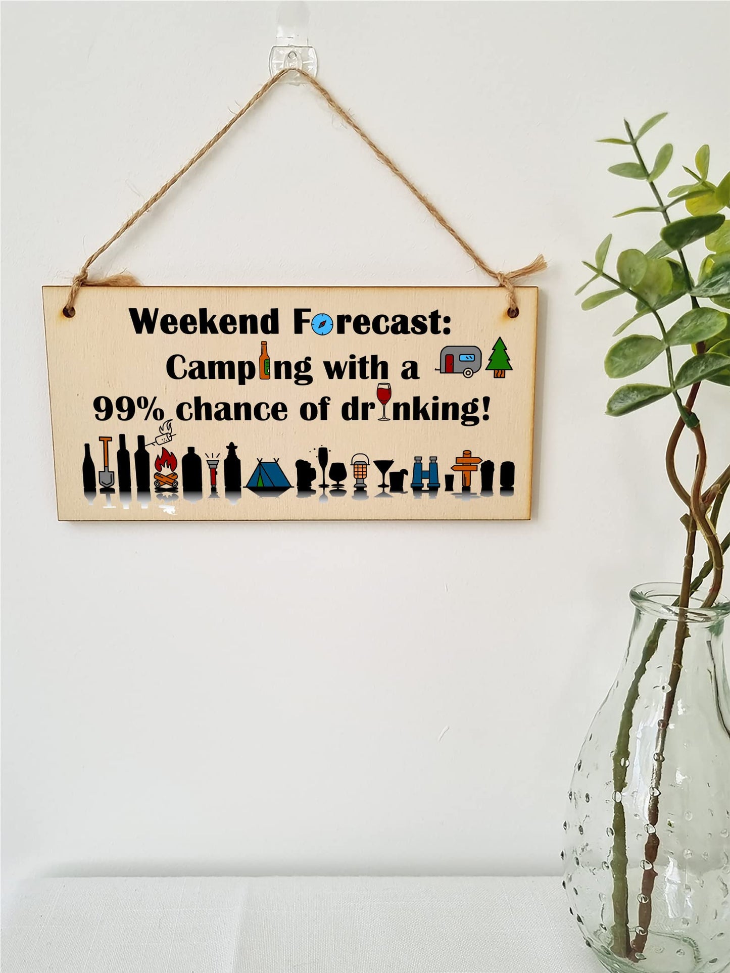 The Plum Penguin Handmade Wooden Hanging Wall Plaque Weekend Forecast Camping Drinking Funny Adventure Sign Wine Beer Gin Lovers