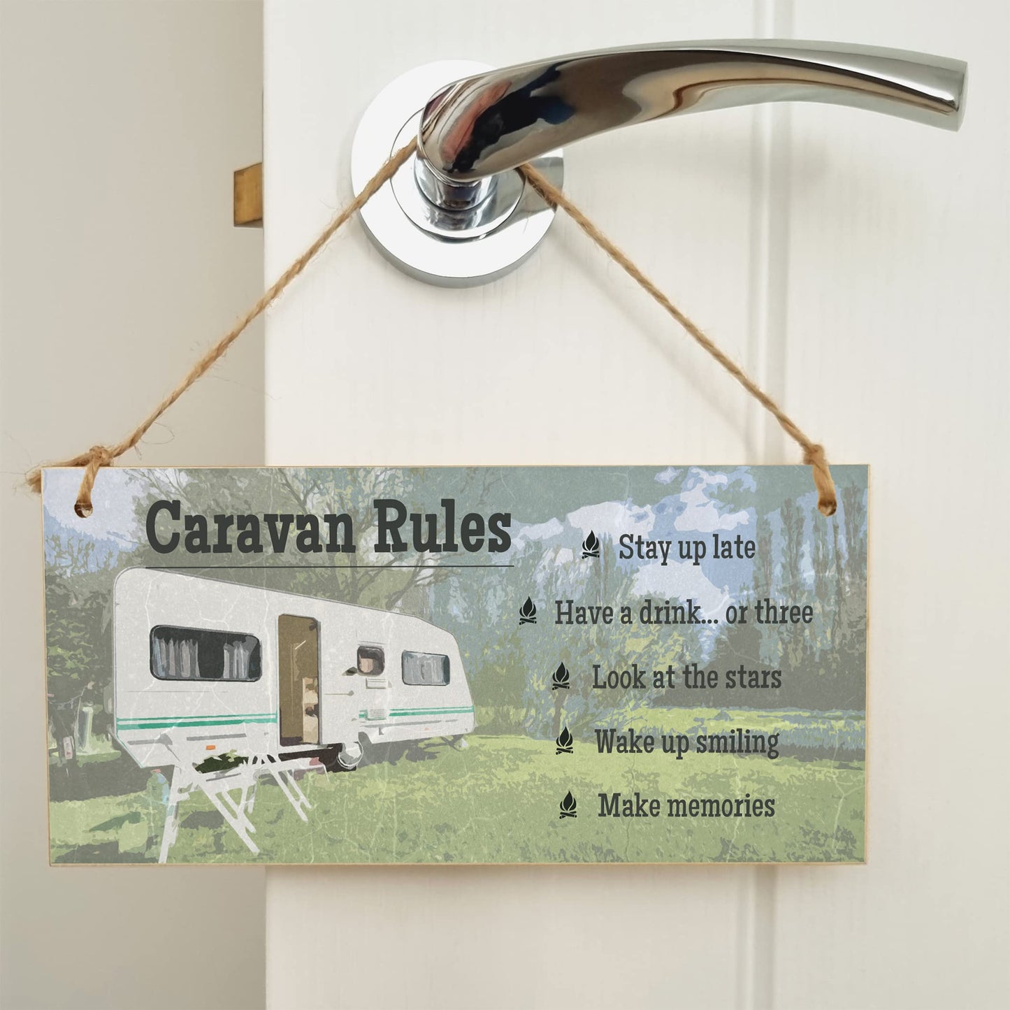 The Plum Penguin Handmade Wooden Hanging Wall Plaque Caravan Rules Stay Up Late Have a Drink Make Memories Fun Camping Adventure Sign