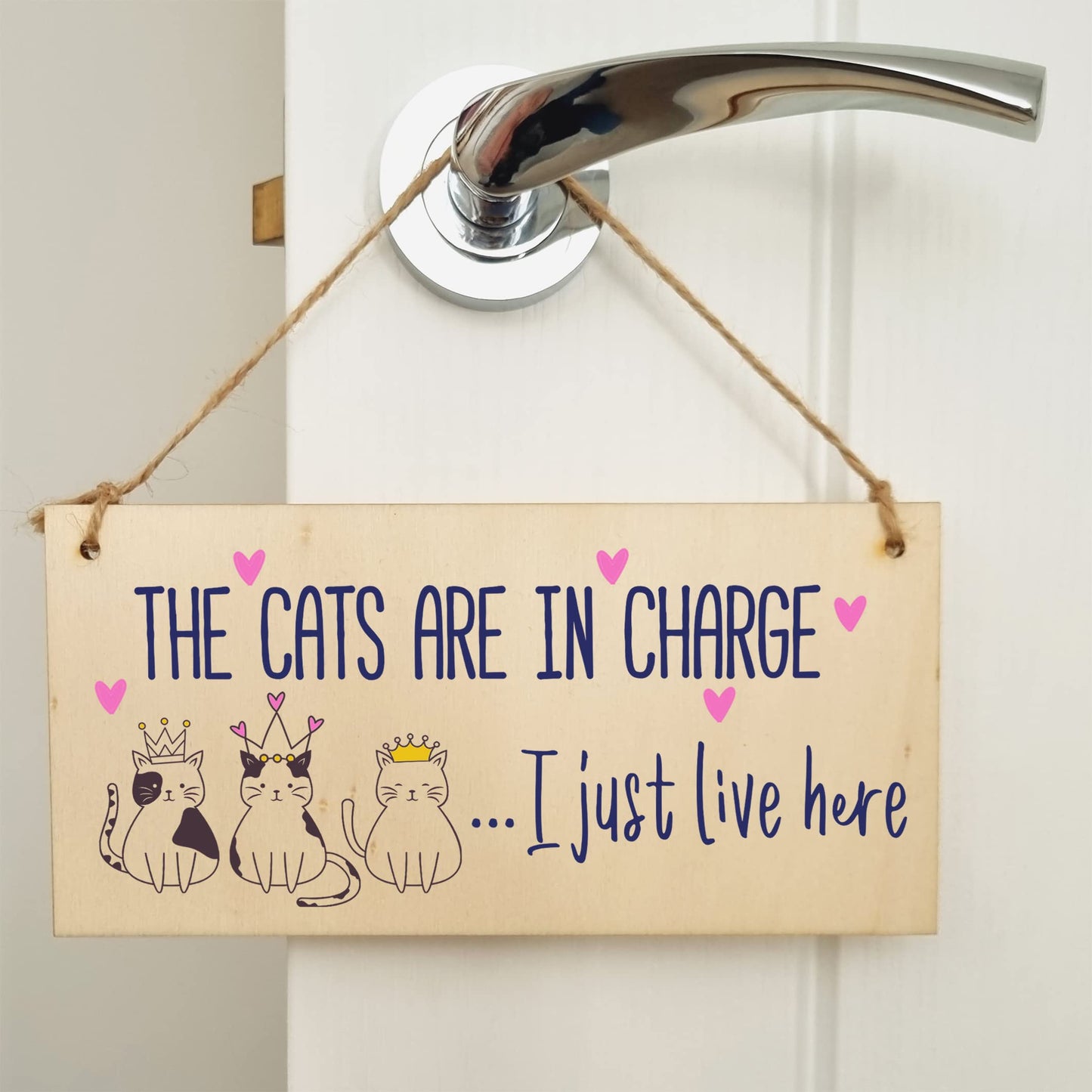 The Plum Penguin Handmade Wooden Hanging Wall Plaque Cats in Charge I Just Live Here Funny Gift Pet Lover Cat Mum Dad
