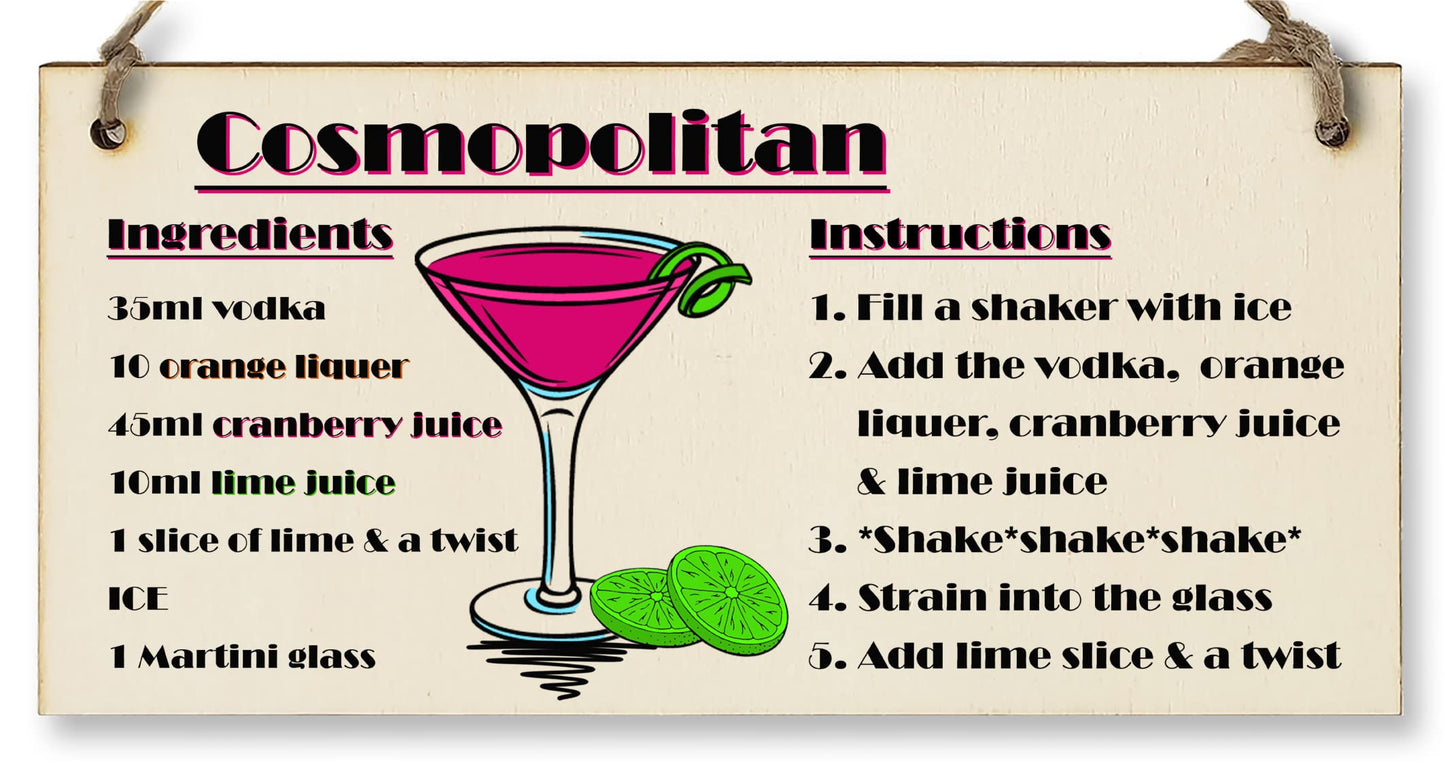 The Plum Penguin Handmade Wooden Hanging Wall Plaque Cosmpolitan Cocktail Recipe Card Gift Decorative Classy Sign Home Bar