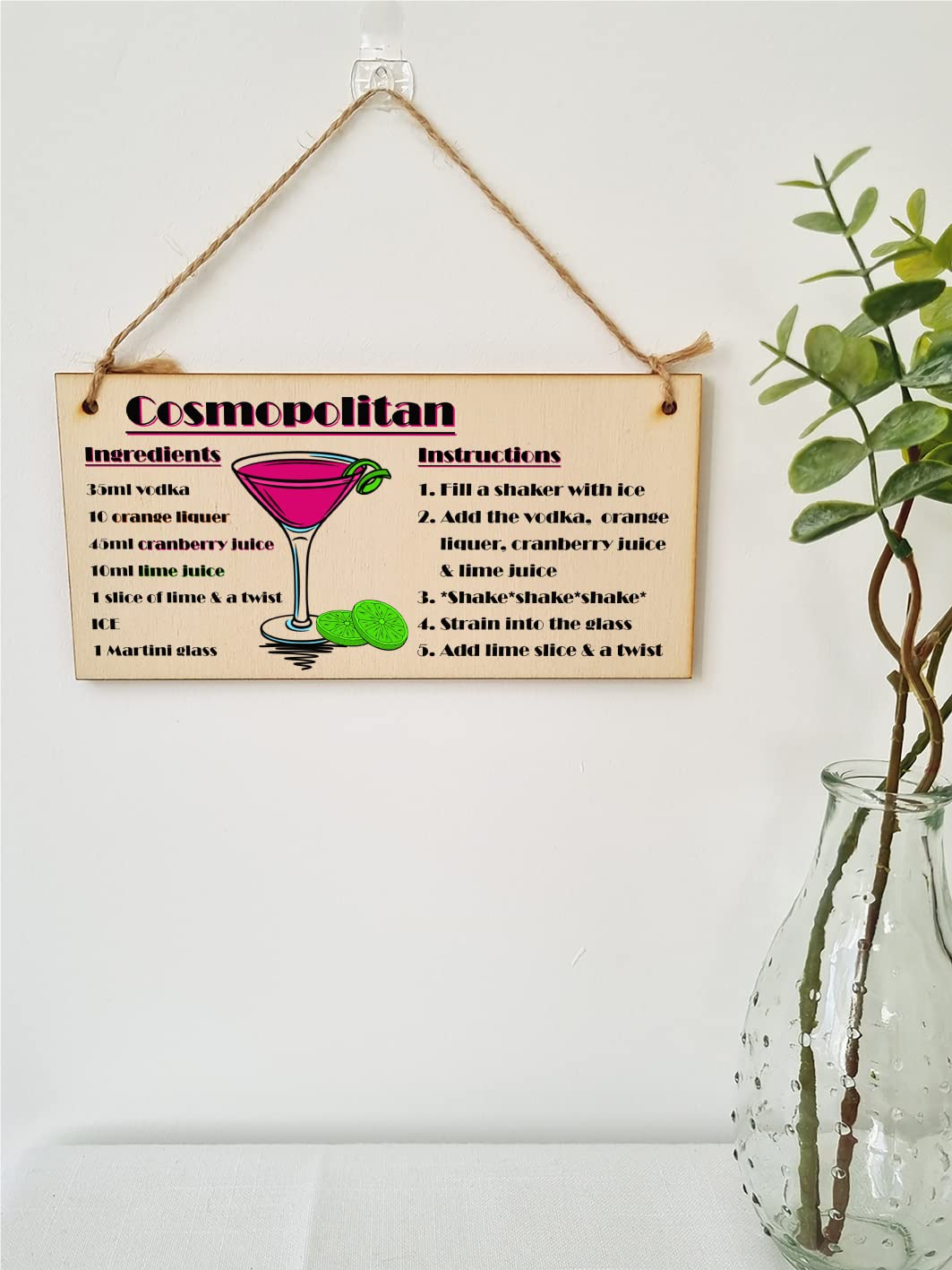 The Plum Penguin Handmade Wooden Hanging Wall Plaque Cosmpolitan Cocktail Recipe Card Gift Decorative Classy Sign Home Bar