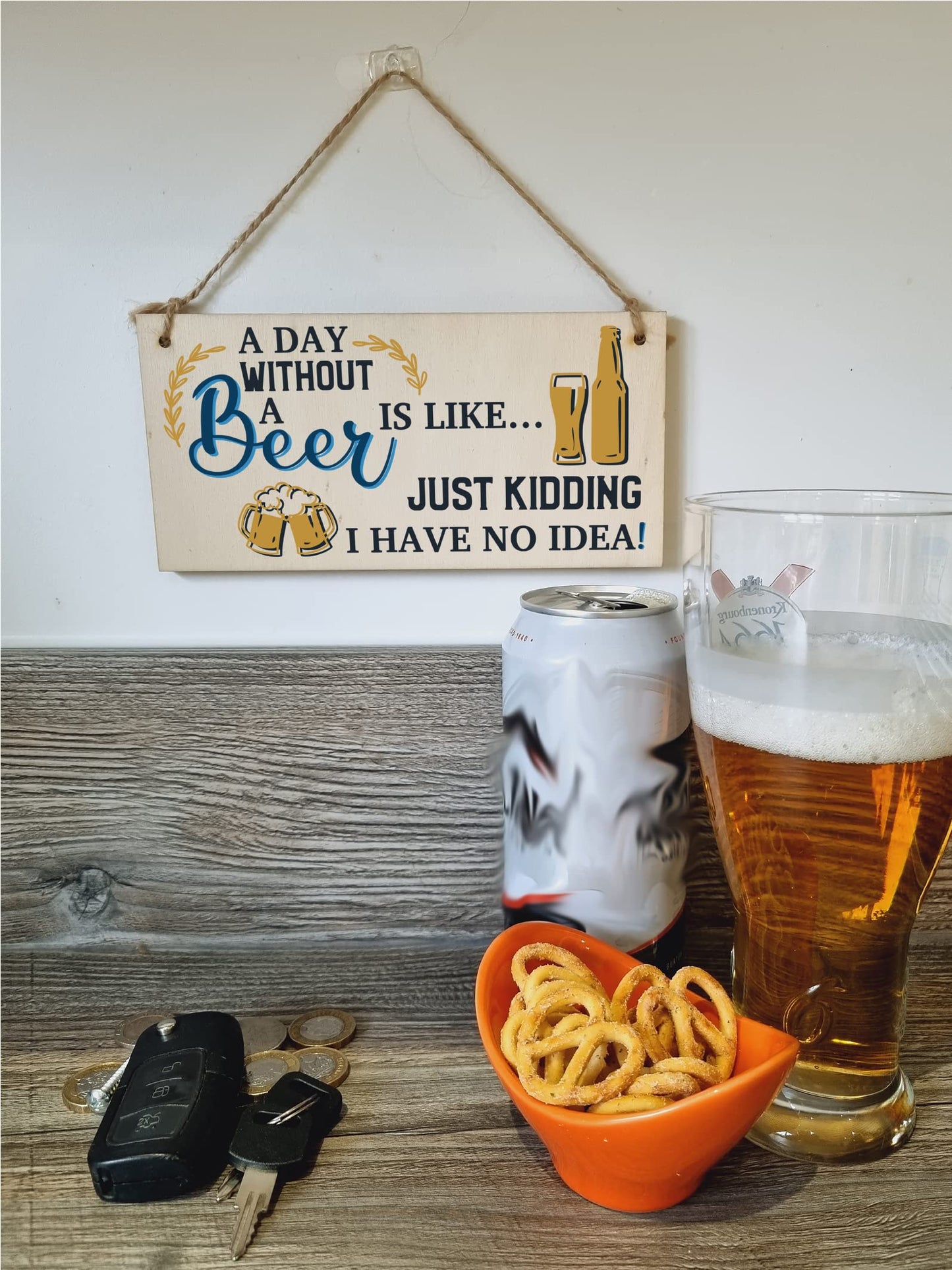 The Plum Penguin A Day Without Beer No Idea Funny Novelty Handmade Wooden Hanging Wall Plaque Gift Home Bar Sign Decoration