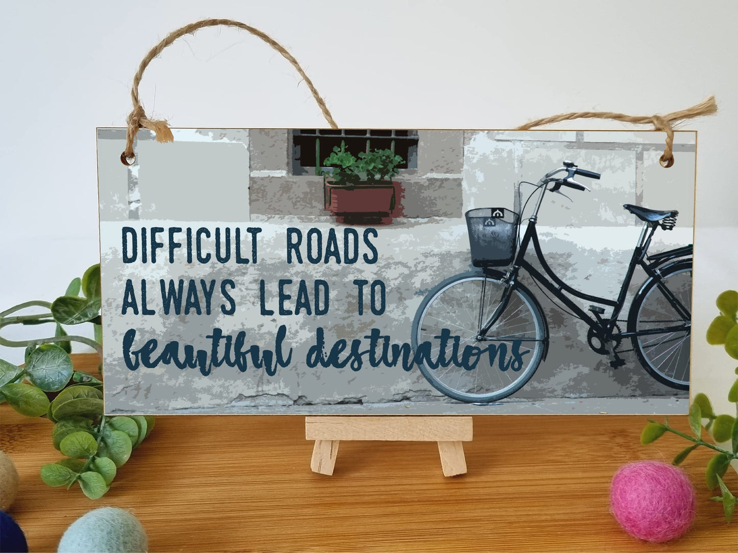 The Plum Penguin Handmade Wooden Hanging Wall Plaque Difficult Roads Lead to Beautiful Destinations Adventure Inspirational Sign