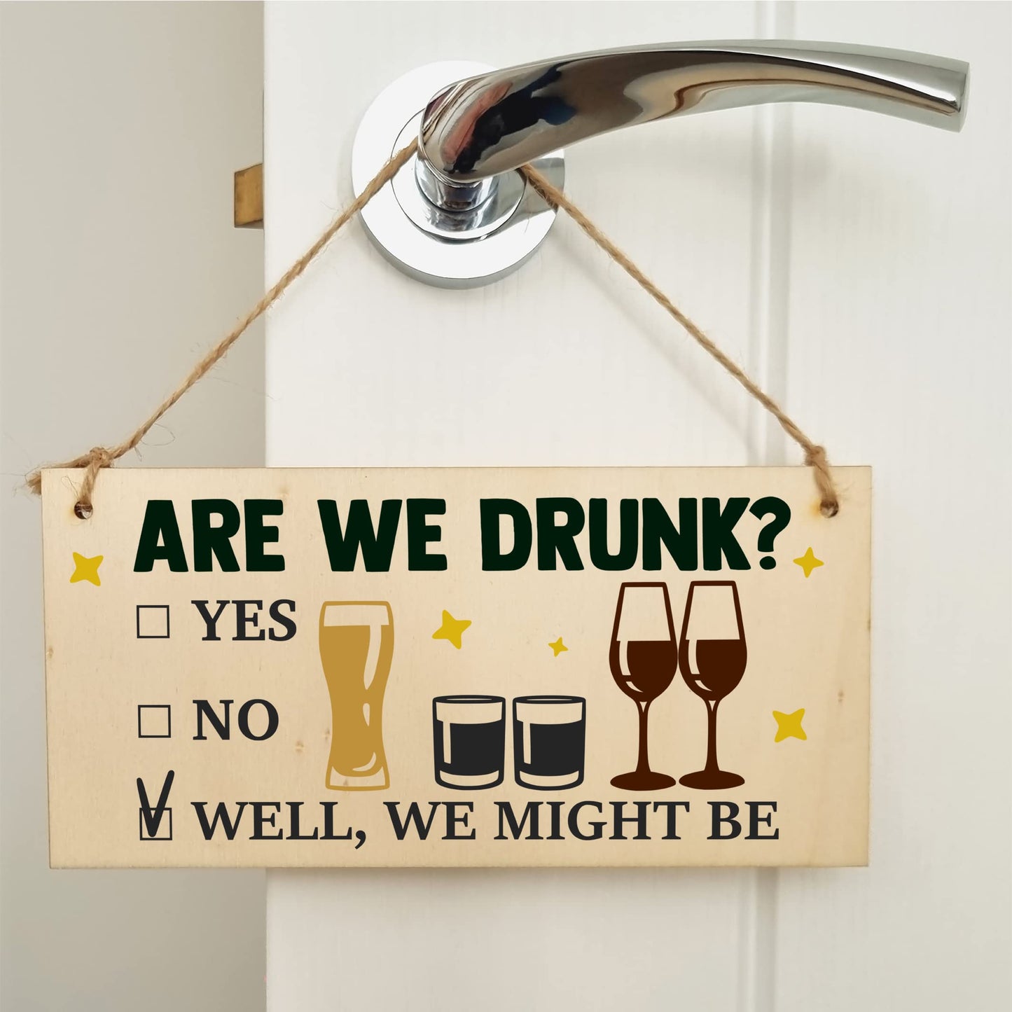 The Plum Penguin Are We Drunk? Might Be Funny Novelty Handmade Wooden Hanging Wall Plaque Gift Home Bar Man Cave Sign Decoration