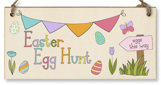 The Plum Penguin Handmade Wooden Hanging Wall Plaque Easter Egg Hunt Cute Fun Kids Easter Sign Garden Kitchen Decoration