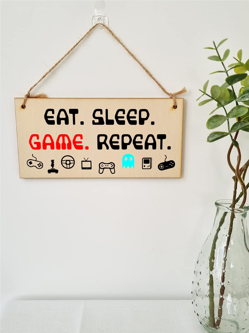 The Plum Penguin Handmade Wooden Hanging Wall Plaque Eat Sleep Game Repeat Fun Novelty Gamer Gift Computer Game Fans Man Cave