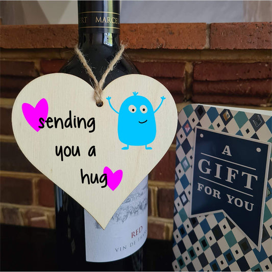 The Plum Penguin Handmade Wooden Hanging Heart Plaque Gift sending you a hug funny novelty wall hanger cute monster kids design for long distance family friends grandparents