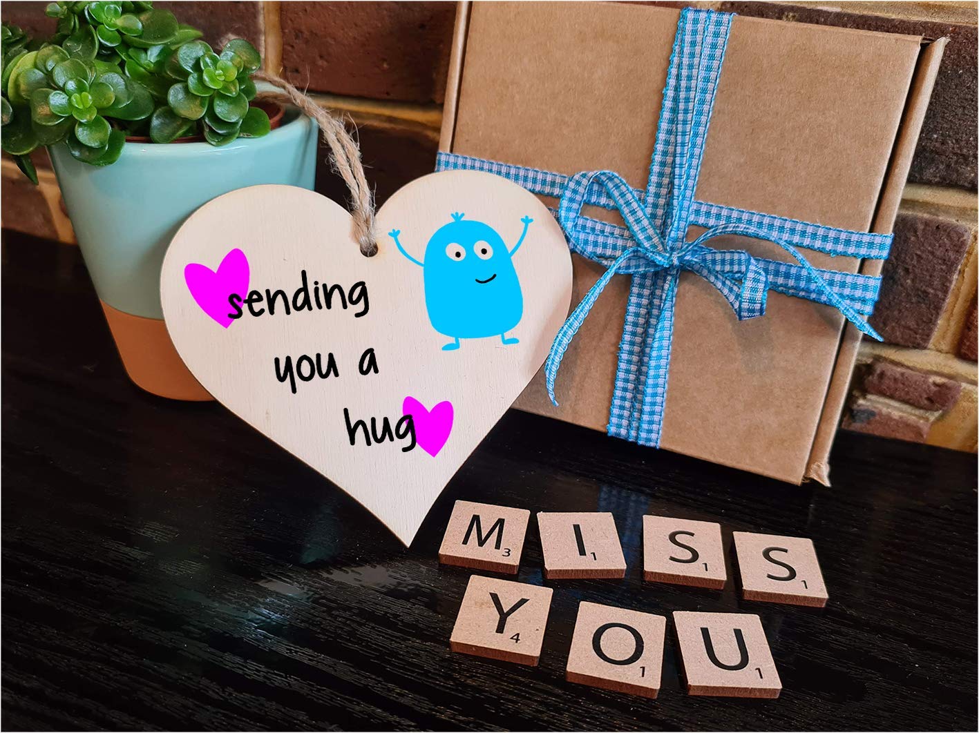 The Plum Penguin Handmade Wooden Hanging Heart Plaque Gift sending you a hug funny novelty wall hanger cute monster kids design for long distance family friends grandparents