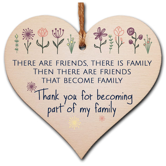 The Plum Penguin Handmade Wooden Hanging Heart Plaque Gift Friends Become Family Thank You Inspirational Wall Hanger Card Alternative Friendship Family