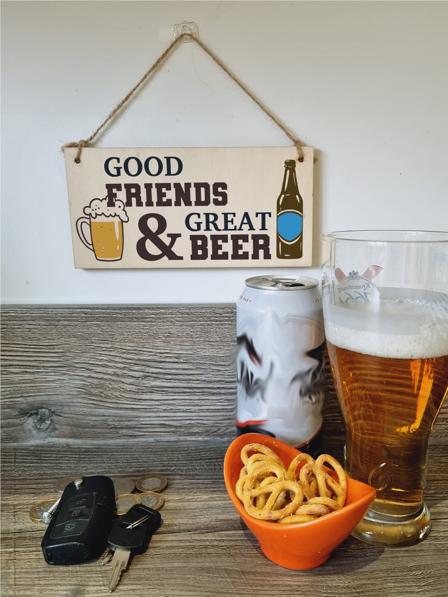 The Plum Penguin Good Friends Great Beer Funny Novelty Handmade Wooden Hanging Wall Plaque Gift Home Bar Man Cave Sign Decoration
