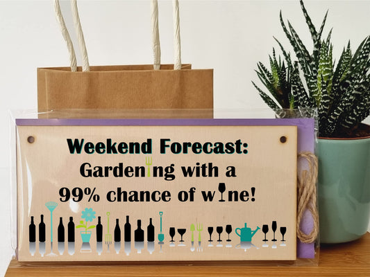The Plum Penguin Handmade Wooden Hanging Wall Plaque Weekend Forecast Gardening and Wine Novelty Gift Sign for Gardeners