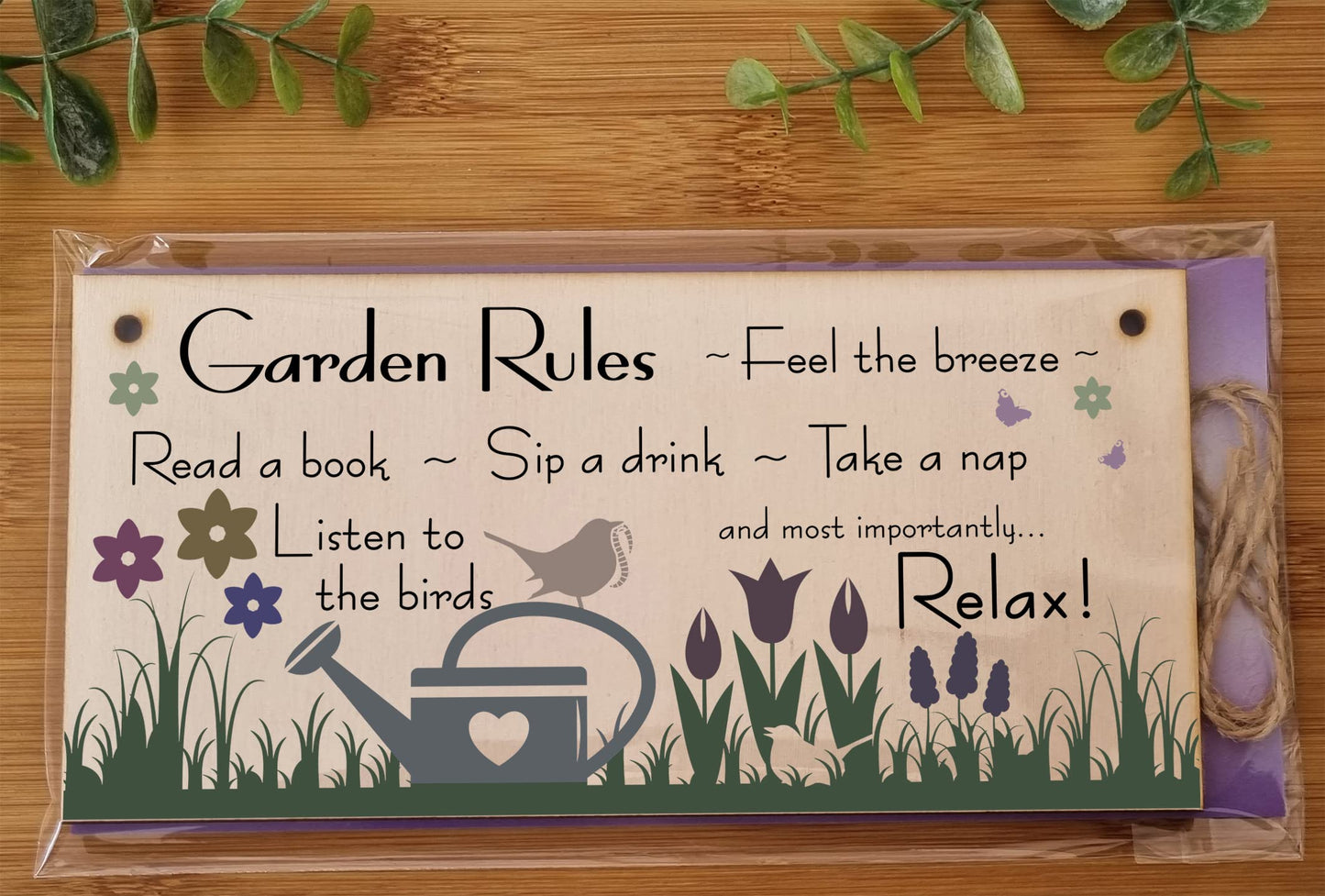 Handmade Wooden Hanging Wall Plaque Garden Rules Relax Feel the Breeze Take a Nap Pretty Sign for Gardeners