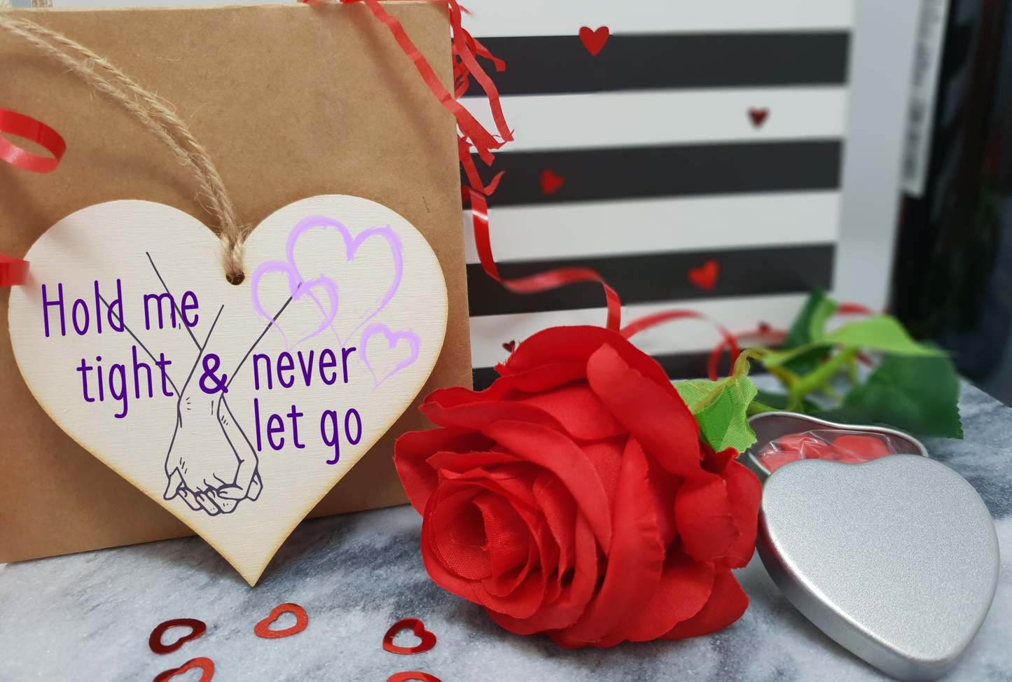 Handmade Wooden Hanging Heart Plaque Valentine's Gift Hold Me Tight and Never Let Go holding hands gift for someone special boyfriend girlfriend husband wife funny romantic keepsake