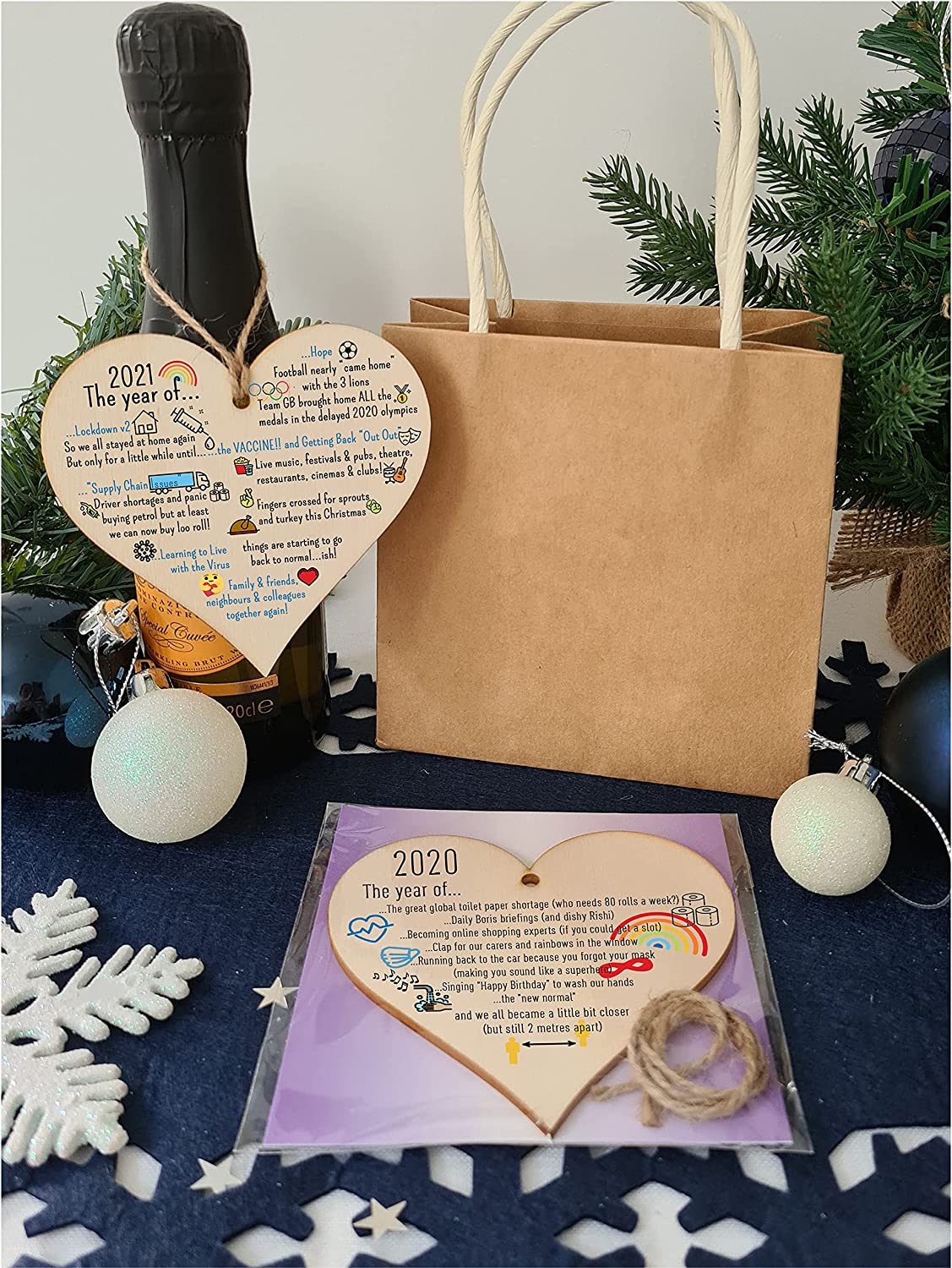 Pack of 2 Handmade Wooden Hanging Heart Plaques 2020 2021 Year of Hope Lockdown Funny Celebration Wall Hanger Keepsake Decoration for Family Friends