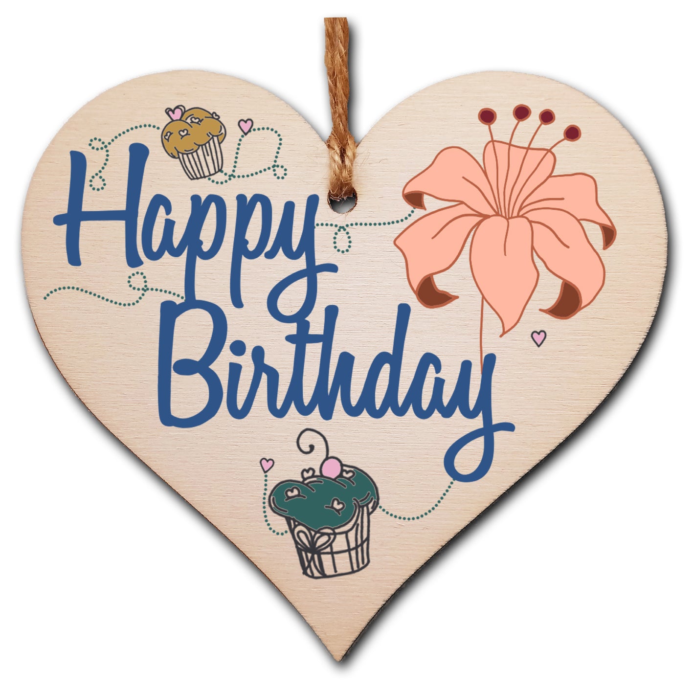Happy Birthday Floral Rustic Style Party Hanging Heart Wooden Decoration Gift Card Alternative Women Mums