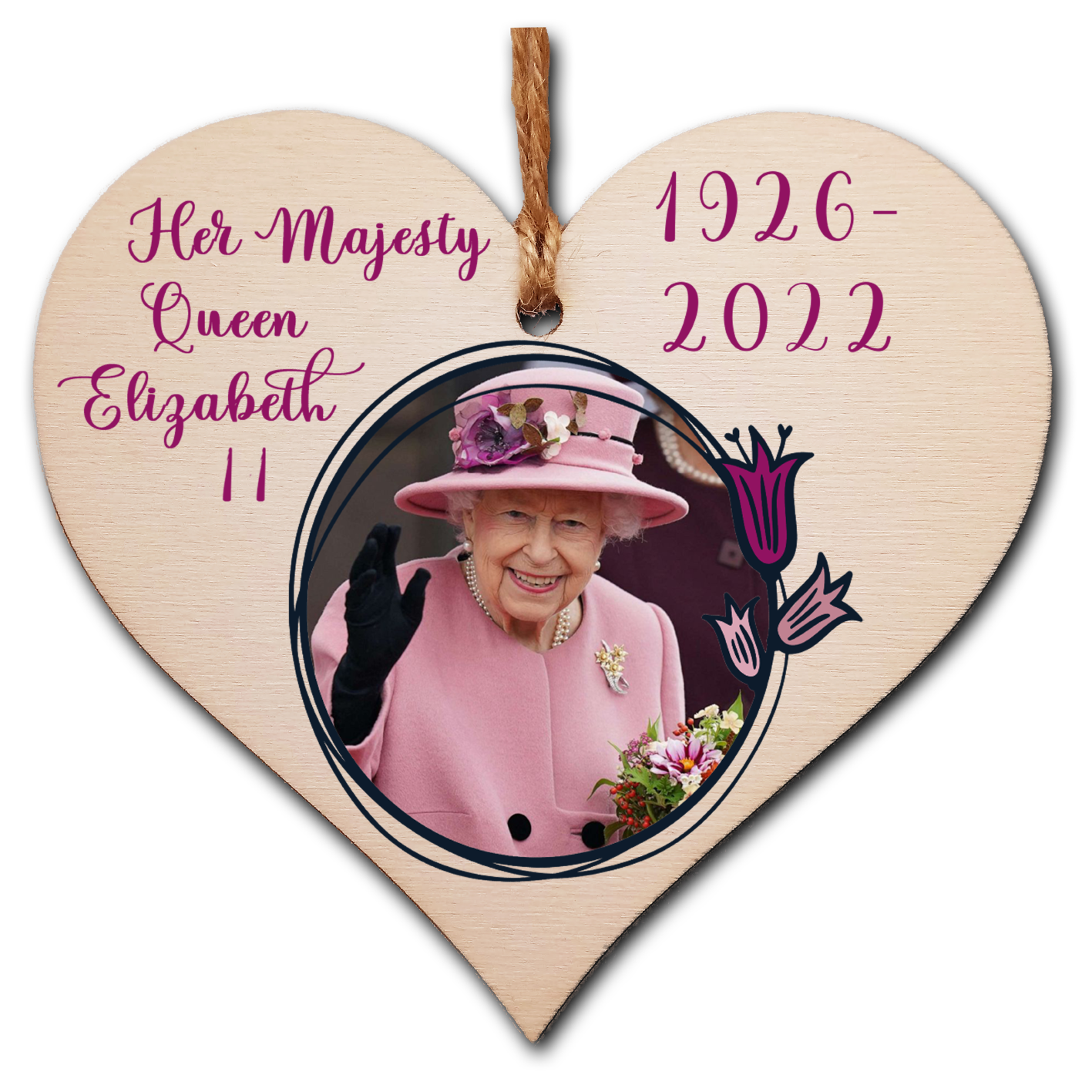 Queen Elizabeth II 1926-2022 Memorial Keepsake in Remembrance Her Majesty RIP Pink Floral Handmade Wooden Hanging Heart Plaque