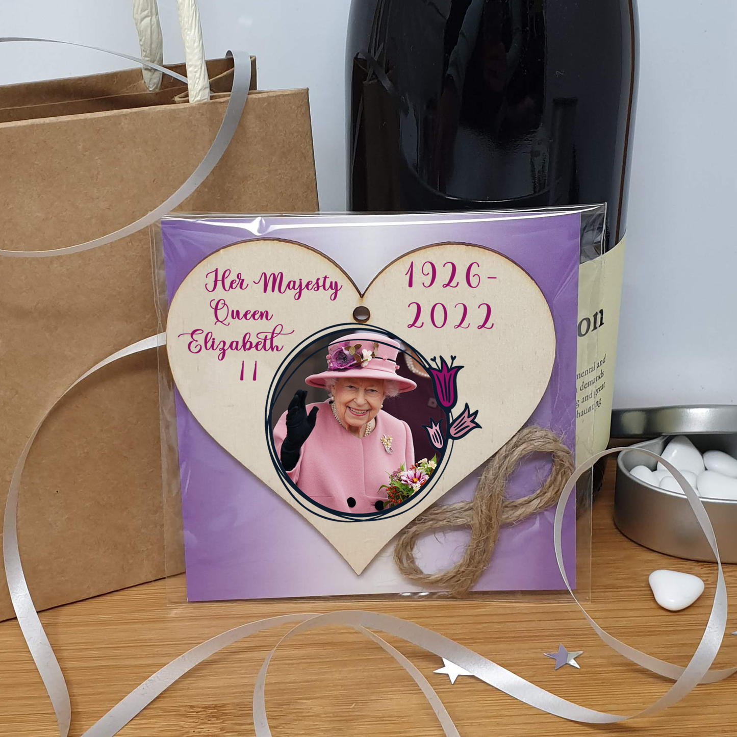 Queen Elizabeth II 1926-2022 Memorial Keepsake in Remembrance Her Majesty RIP Pink Floral Handmade Wooden Hanging Heart Plaque