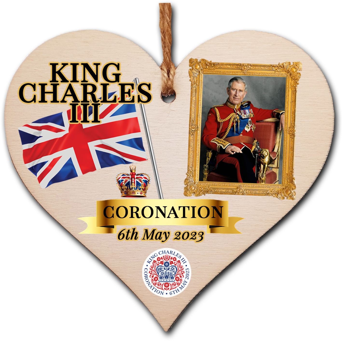 King Charles III Coronation Hanging Wooden Heart 6th May 2023 Decorations Celebration Party Bunting Alternative Keepsake Royal Memorabilia