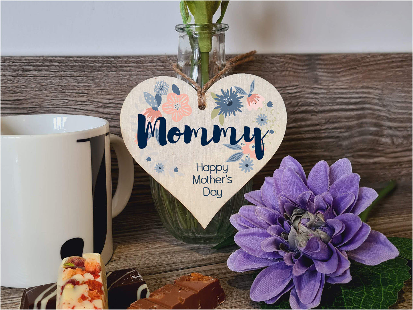 Handmade Wooden Hanging Heart Plaque Mother's Day Gift perfect for Mommy stylish floral celebration card alternative from daughter son children beautiful thoughtful keepsake