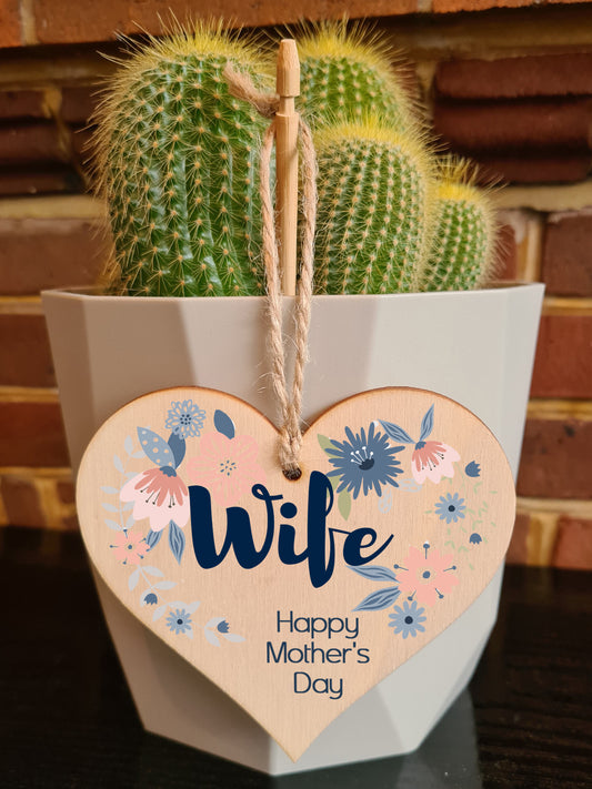 Handmade Wooden Hanging Heart Plaque Mother's Day Gift perfect for Wife stylish floral celebration card alternative from husbands beautiful thoughtful keepsake